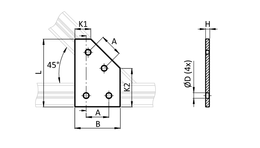 ECO Connection Plate AL 45° 4 Hole. 1 Slot Version - immagine 2