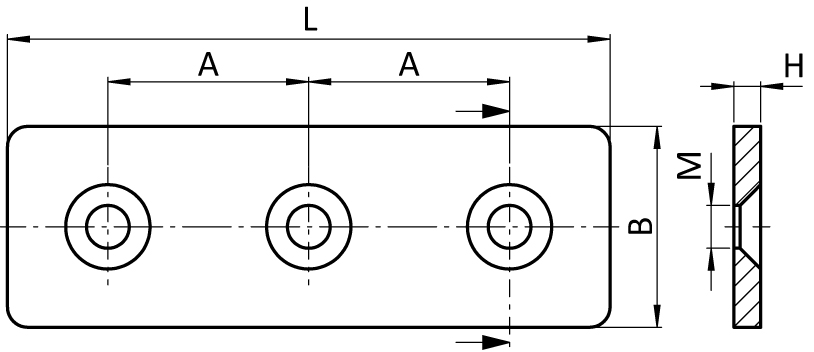 Connection Plate ST Rectangular 3 Hole. 1 Slot Version - immagine 2