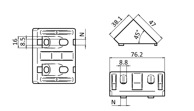 Angle Connector 76 x 38 - 3" x 1.5". 45° - immagine 2