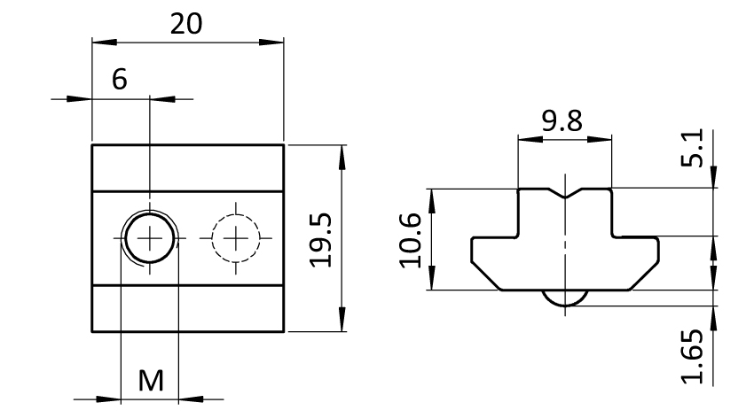 T-slot Nut 19.5 x 10.6 mm. Step Height 5.1 mm. with Spring Loaded Ball - immagine 2