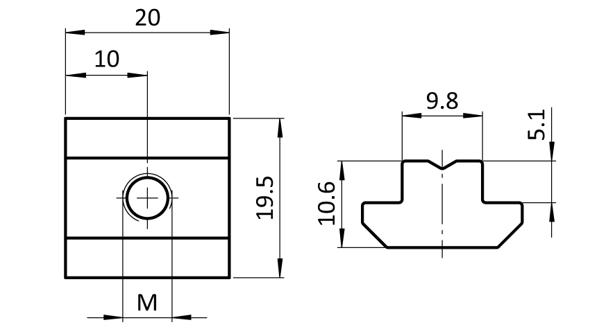 T-slot Nut 19.5 x 10.6 mm. Step Height 5.1 mm - immagine 2