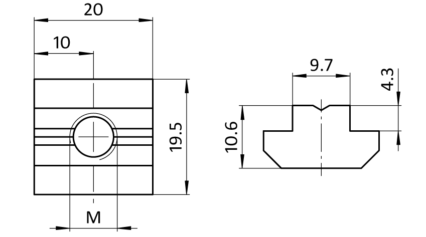 T-slot Nut 19.5 x 10.6 mm. Step Height 4.3 mm - immagine 2