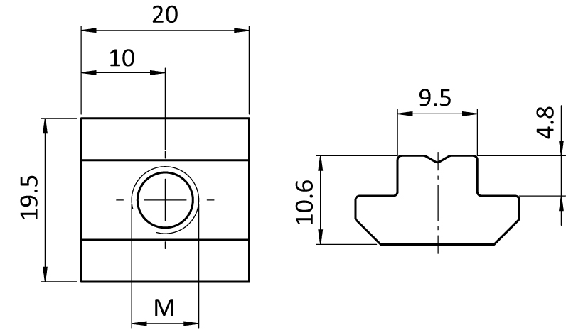 T-slot Nut 19.5 x 10.6 mm. Step Height 4.8 mm - immagine 2