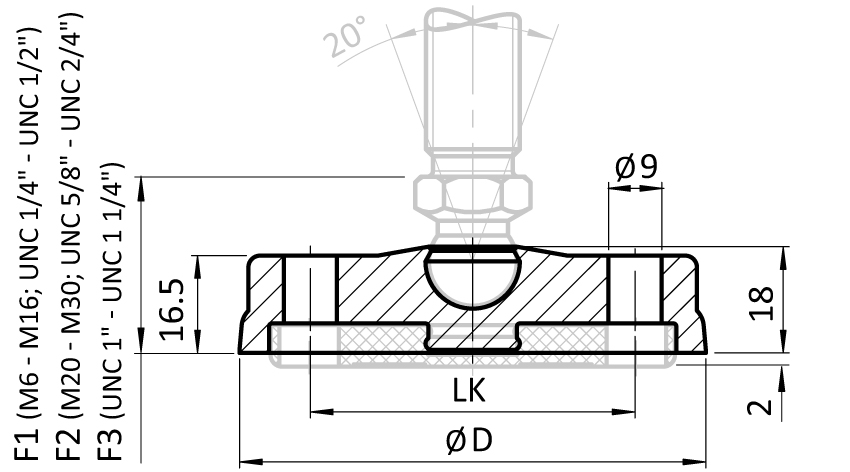 Base PA BDH for Swivel Feet. Ball Joint 15. Gray - immagine 2