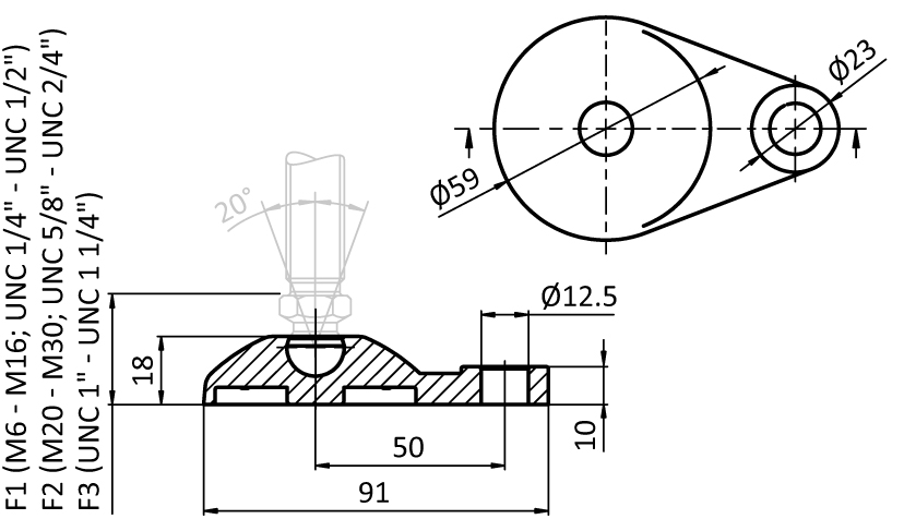 Extended Base 60 PA for Swivel Feet. Ball Joint 15 - immagine 2