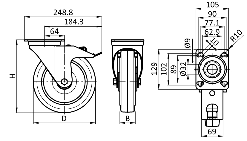 Heavy-duty Swivel Caster Ø 200 with System Brake and Mounting Plate 40 / 45 - immagine 2